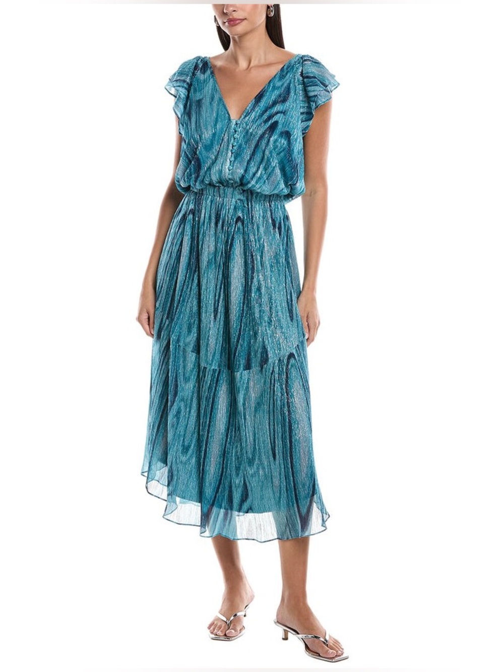 Ramy Brook Liona Maxi Dress Teal Metallic Flutter Sleeve M NWOT